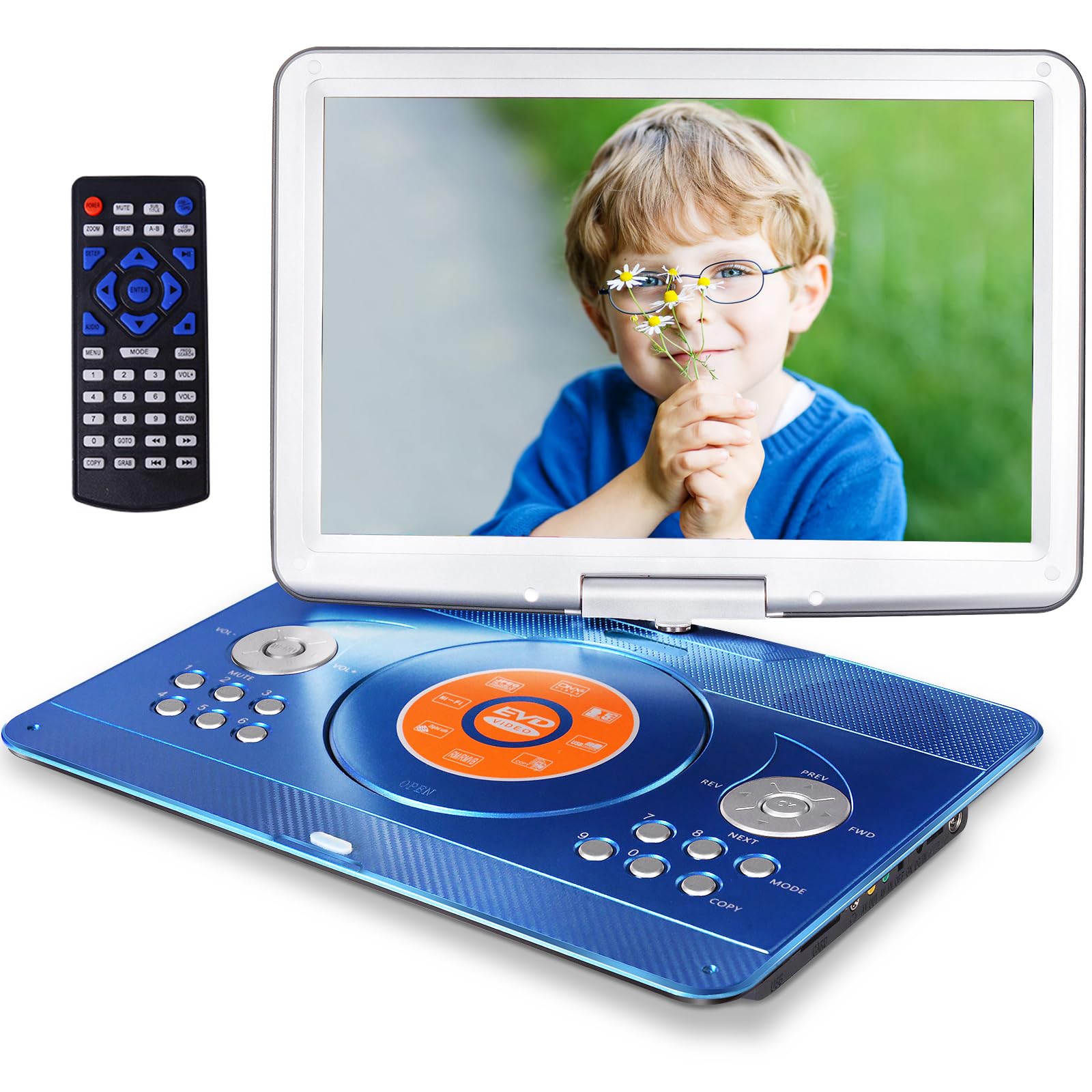 HotHat - Lettore DVD portatile da 16,9 pollici con schermo girevole da 14,1 pollici con batteria ricaricabile da 6 ore per bambini, sincronizzazione TV, supporto