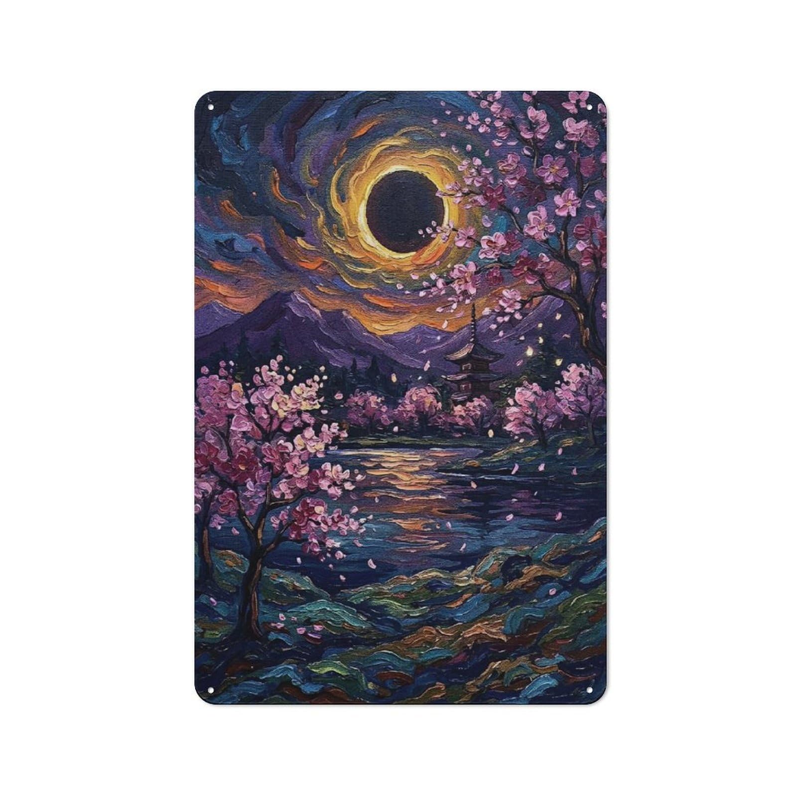 Junmoney Style-14 Cherry Blossoms And Eclipse Painting Vintage Metal Plaque 30X20cm For Living Room Wall, Suited To Living Room Decor Lovers