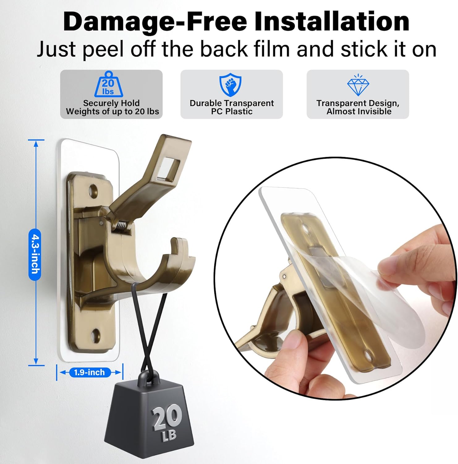 Antimbee 12 PCS No Drill Needed Curtain Rod Holders Brackets, Self Adhesive Rod Holder Hooks, Multipurpose Nail Free Stick on Curtain Rod Hooks-Transparent Rustic Brown