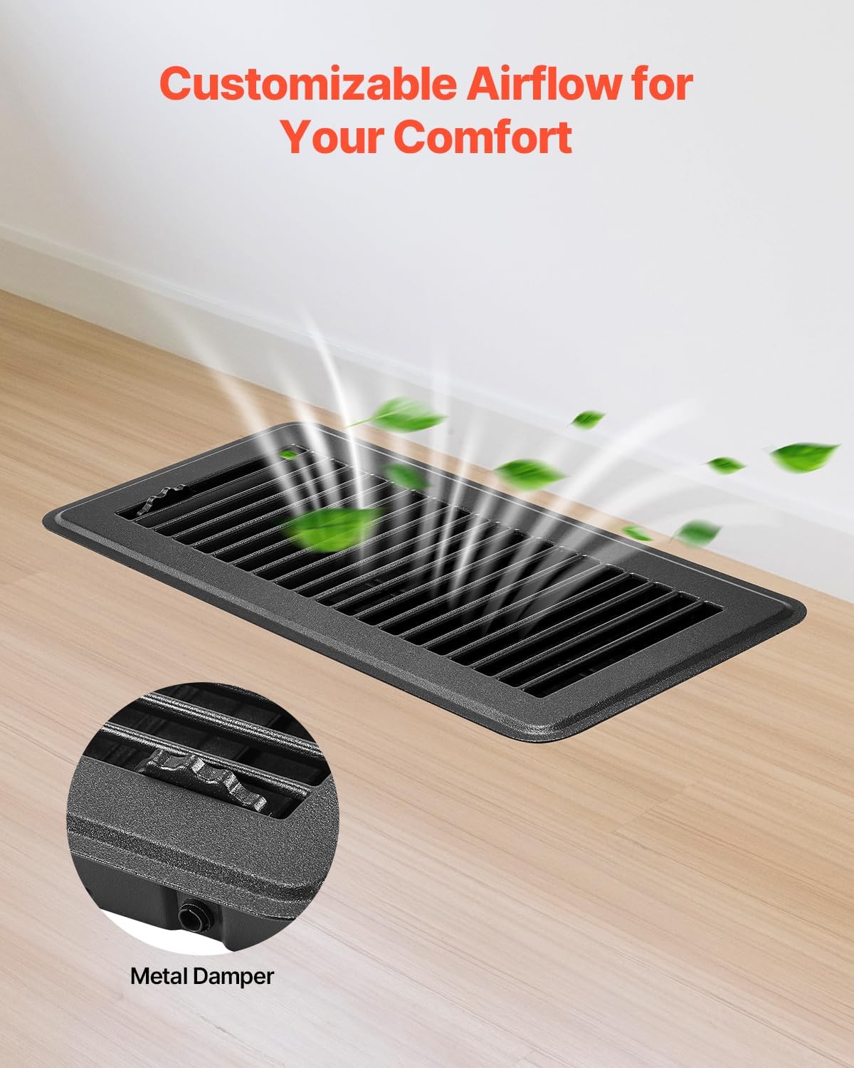 VEVOR 4 x 10 Inch Floor Registers, 12-Pack Vent Grilles, HAVC Heavy-Duty Walkable Iron Floor Vents, Easily Adjustable Rust-Proof Air Vents Deflector with Metal Damper, Ideal for Home & Office, Black