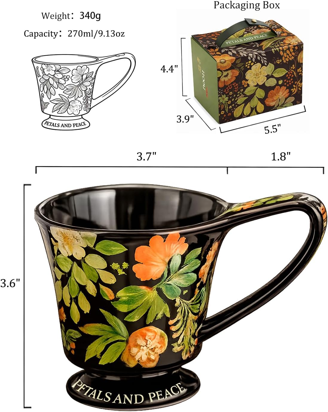 Floral Ceramic Coffee Mug with Handle, 9.13 oz Vintage Style Cup for Coffee, Latte or Tea, Everyday Drinkware for Home, Office and Coffee Lovers image 2