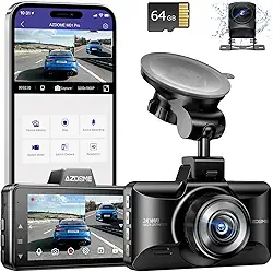 AZDOME Câmera veicular M01 Pro 3K WiFi atualizada frontal e traseira, cartão de 64 GB, câmera de painel de controle de aplicativo para carro, modos de estacionamento G-Sensor, Dashcam, ADAS