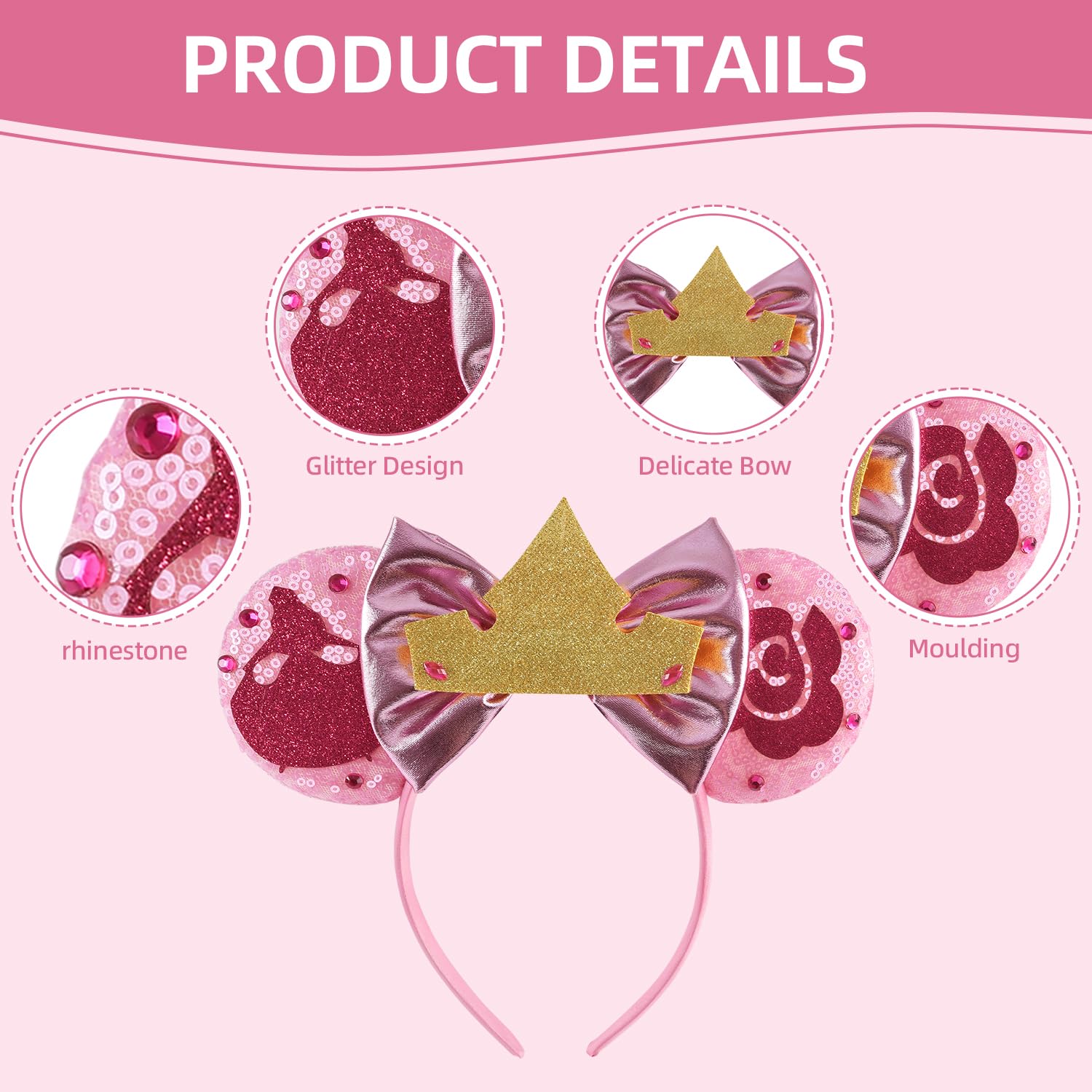 Disneyland Minnie Ears Headband Pink Sequined Bow Sleeping Beauty Castle Here is a look at a new Pink Headband with pearls on the bow  main image 2
