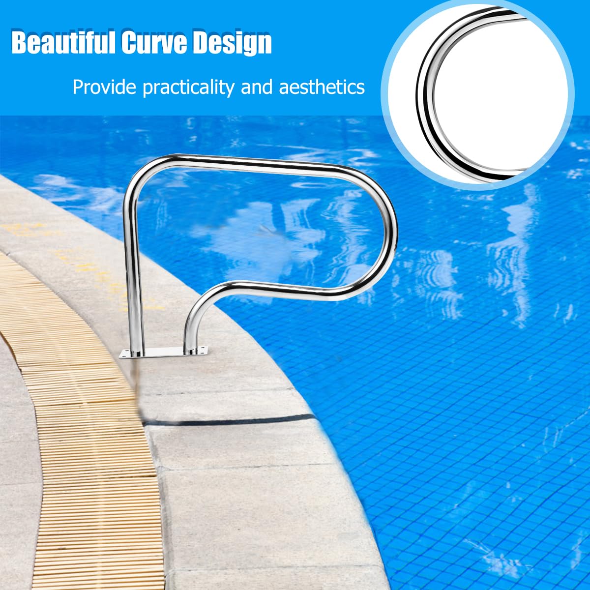 SOARS Pasamanos de Piscina de 81 x 57 cm, Barandilla Piscina de Diseño Curvo, Soporte para Piscina con Capacidad de Carga de 200 kg, ideal para Piscinas, Balnearios, Parques Acuáticos, SPA, 1 Pieza