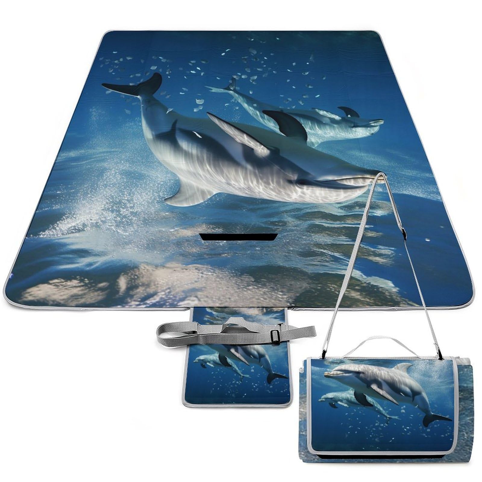Simpatico tappetino da picnic con delfini, pieghevole, impermeabile, con borsa per tote, grande tappetino da picnic all'aperto, 147,3 x 147,3 cm, coperta da campeggio per spiaggia, parco