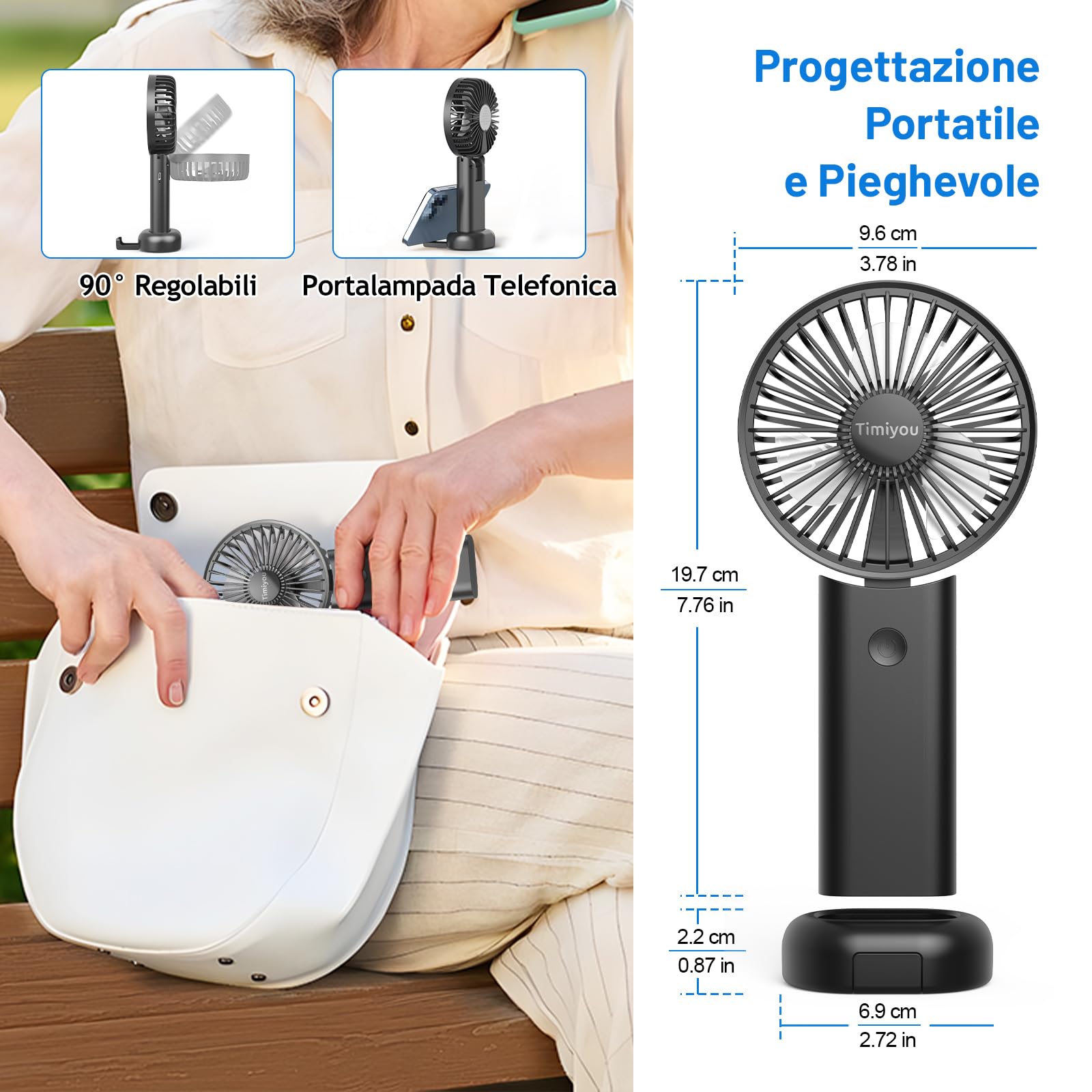Timiyou Ventilatore Portatile, Mini Ventilatore A Mano 3 Velocità,Ventilatore USB A Batteria Ricaricabile 5 In 1 Ventilatore Silenzioso per Esterni, Interni, Spostamenti, Ufficio, Viaggi, Campeggio
