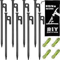 RIY 8 Pack Heavy Duty 8 Inch Steel Tent Stakes - Unbreakable Forged Metal Tent Pegs for Camping, Canopies & Gardens