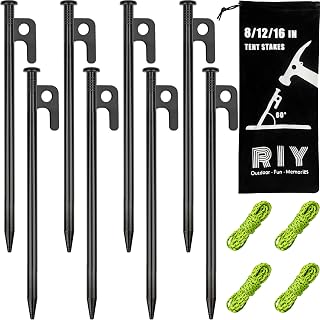 RIY 8 Pack Heavy Duty 8 Inch Steel Tent Stakes - Unbreakable Forged Metal Tent Pegs for Camping, Canopies & Gardens