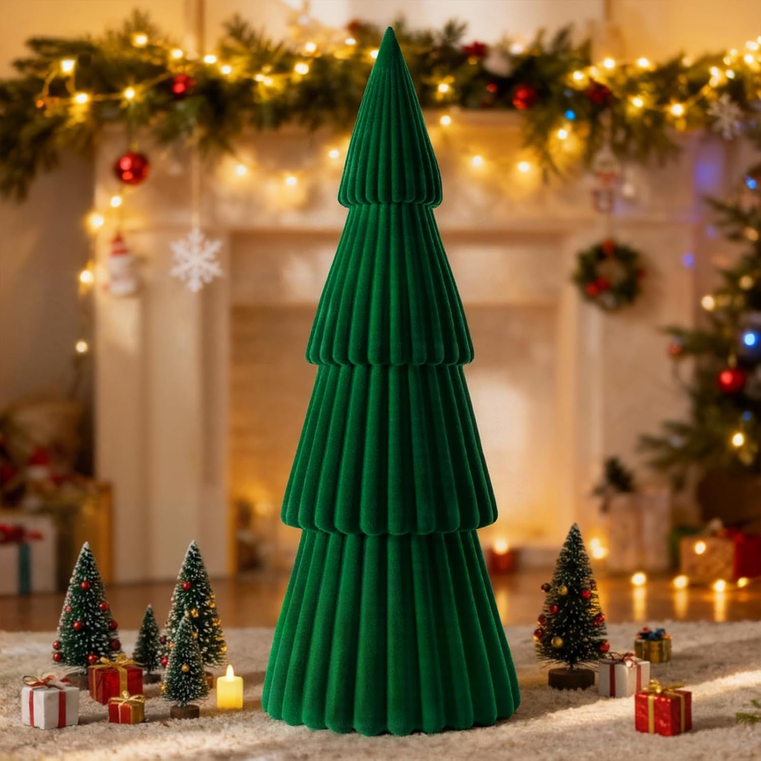 Lanpn 30" Christmas Velvet Tree Figurine Decoration, Green Xmas Cone Tree Set Indoor, Large Tabletop Pine Trees Statue, Mantel Table Centerpiece Home Entryway Winter Holiday Decor Green 2ft 6in