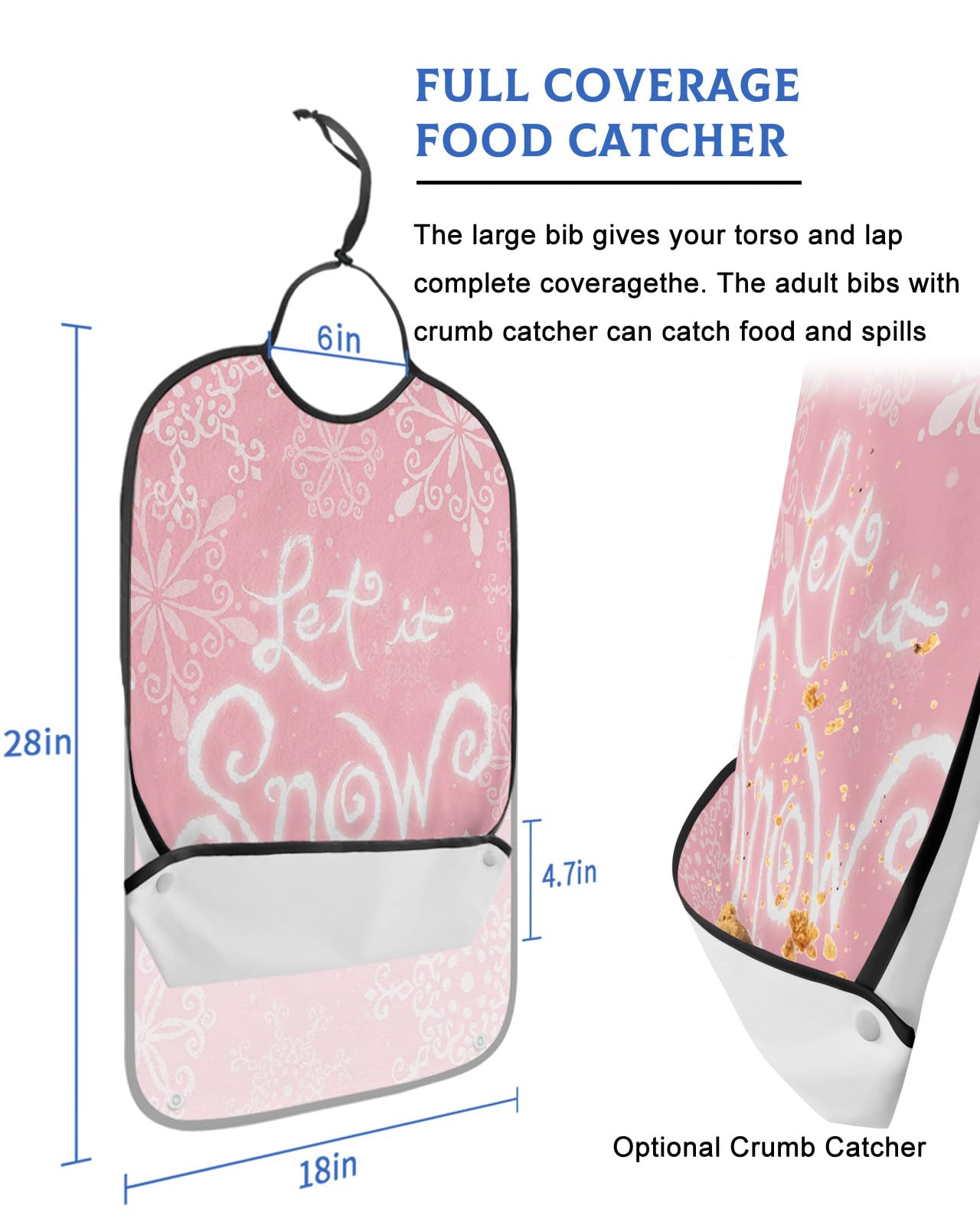 LEOKOTI Pink Christmas Snowflake Adult Bibs for Eating, Waterproof Bibs with Food Catcher & Adjustable Snap Closure, Xmas Winter Snowflake Let Snow Washable Clothing Protectors Adult Bibs for Elderly