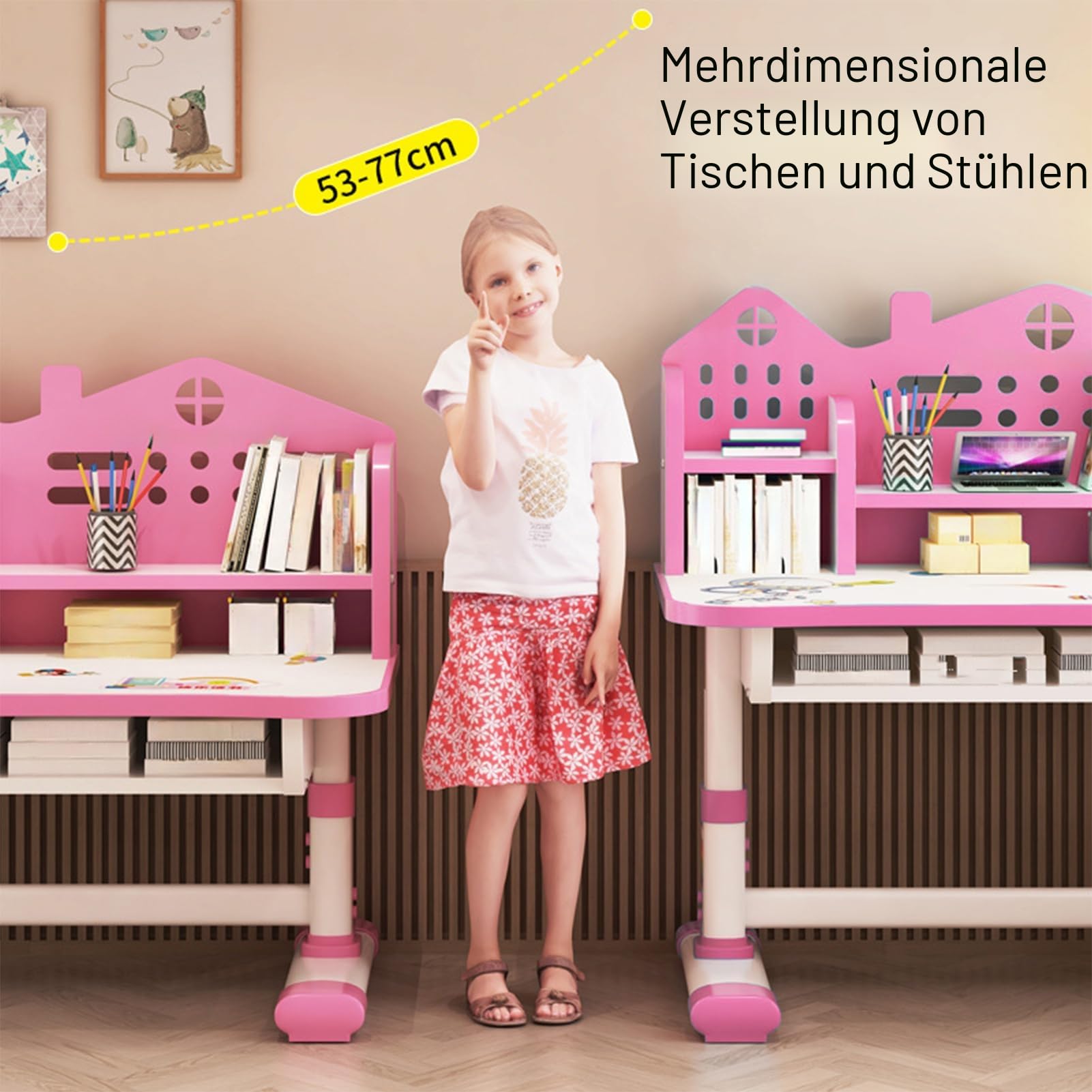 Reheyre Schreibtisch- und Stuhl-Set für Kinder, rosa Schreibtisch-Set mit verstellbarer Höhe, Schubladen und Stauraum, Cartoon-Muster, Lerntische und Stühle für Kinder, Mädchen (Rosa), 3712398