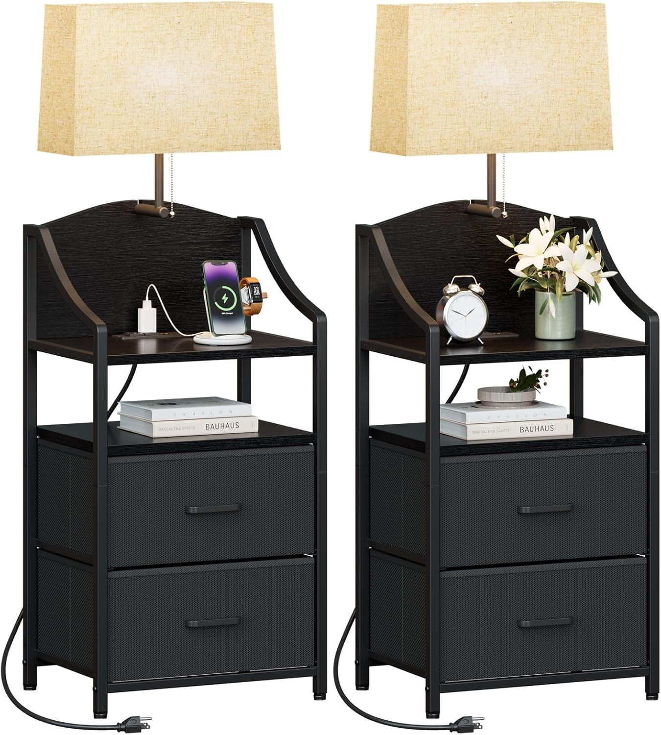 Evermagin 45" Tall Nightstands Set of 2 with Light, Nightstand with Charging Station, USB Ports and Outlets, Bedside Table End Table with 2 Fabric Drawers for Bedroom, Dorm, Black