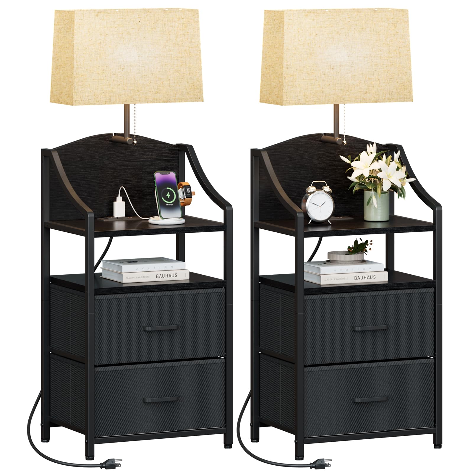 Evermagin 45" Tall Nightstands Set of 2 with Light, Nightstand with Charging Station, USB Ports and Outlets, Bedside Table End Table with 2 Fabric