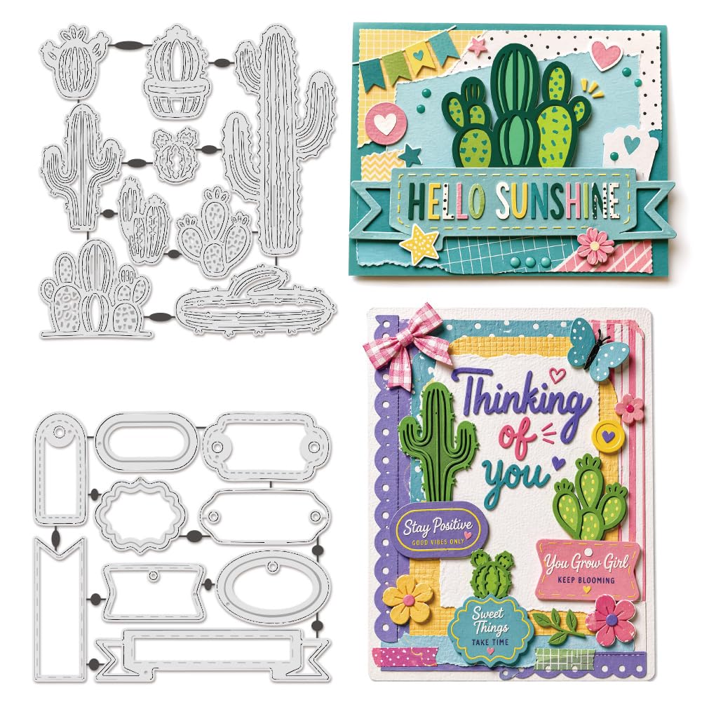 UNICRAFTALE 18 Pcs Knitted Cactus Cutting Die for Card Making Reusable Carbon Steel Cactus and Label Theme Embossing Stencils Template Die Cut for DIY Scrapbooking Album Craft Decor