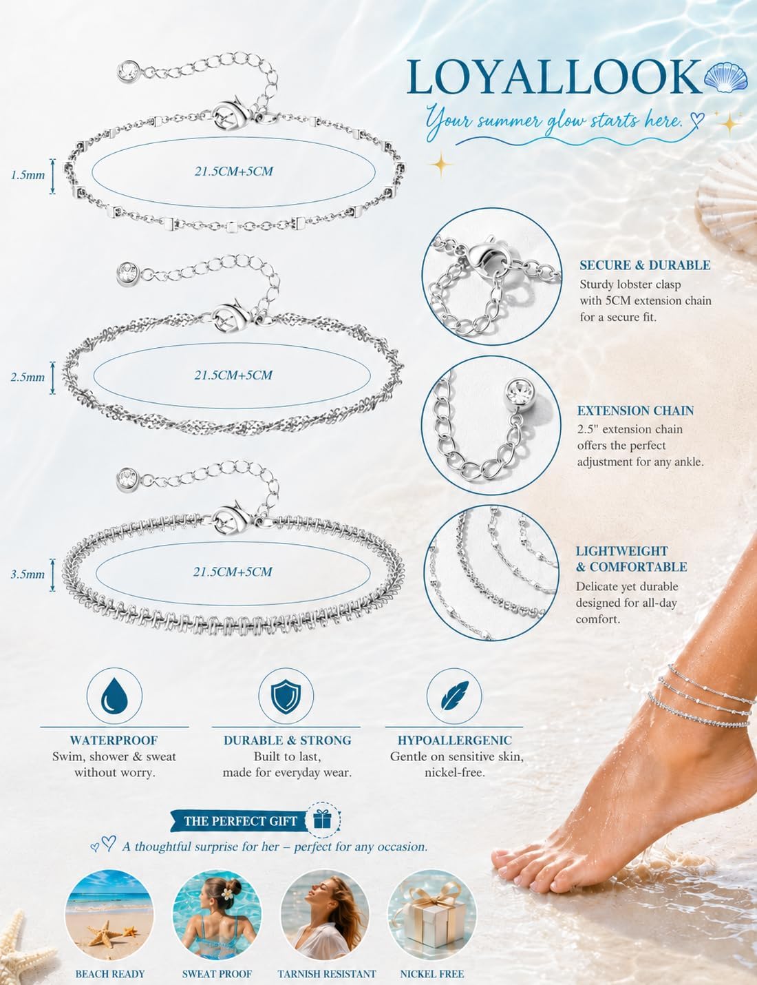 LOYALLOOK Ankle Bracelets for Women Waterproof Gold Plated/Silver Plated
