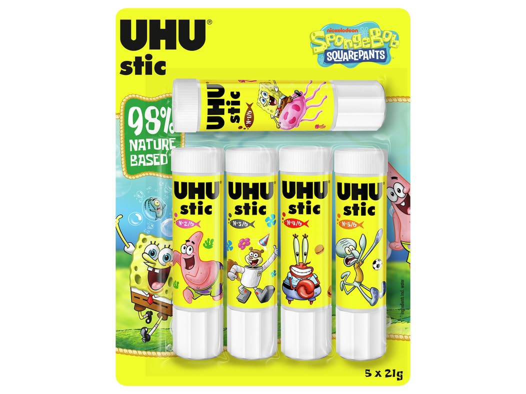 UHU stic Spongebob, Colla Stick 21 g, Edizione Limitata collezionabile, Formula 98% Naturale, Confezione da 5 Pezzi