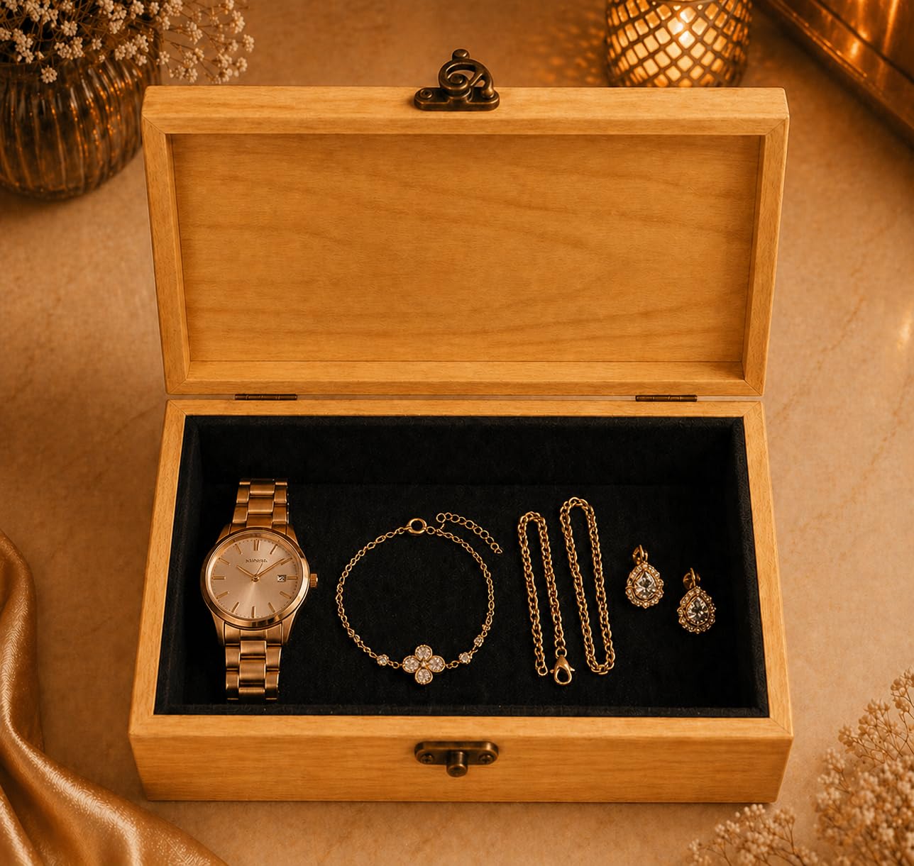 Joyero de madera personalizado para mujer, caja de almacenamiento de recuerdos grabada floral con cerradura, caja de recuerdos hecha a mano para anillos, aretes, collares