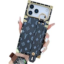Rectangle Leather Compatible with iPhone 17 Pro Max Case with Wristband Strap, Luxury Designer Phone Case for Women Girls, Hand Holder Kickstand Protective Bumper Cover 6.9 Black