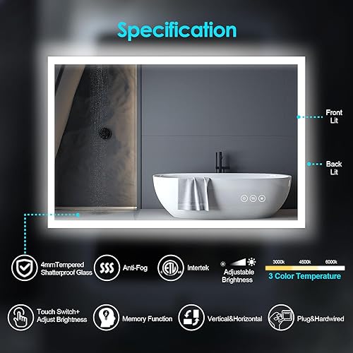 Miniatura 3 de Espejo de baño LED con luces de 48 x 36 pulgadas, espejo de tocador iluminado con parte delantera y retroiluminada, regulable continuamente, espejo