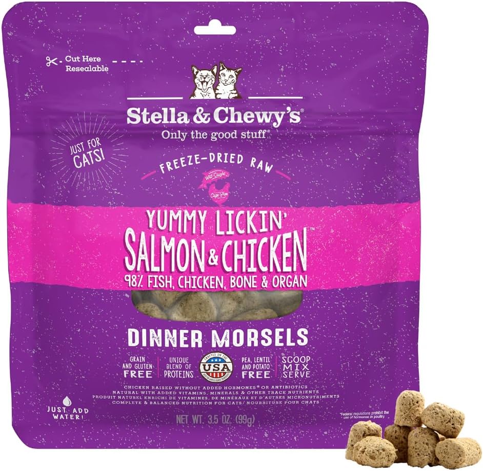 Freeze-Dried Raw Cat Dinner Morsels - Premium Salmon & Chicken Recipe with 98% Wild-Caught & Cage-Free Protein - Natural Grain-Free Cat & Kitten Food - Made in USA - 3.5 oz