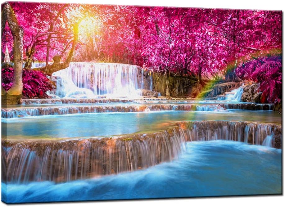 Nachic Wall - Forest Sunset Canvas Wall Art Dreamlike Waterfall Landscape Pictures Paintings on Canvas Artwork Modern Living Room Office Decoration Framed Ready to Hang
