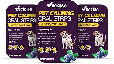 Pet Calming Oral Strips for Dogs & Cats, 90 Fast-Dissolving Strips, L-Theanine, Tryptophan, Chamomile, Melatonin, Reduces Anxiety, Aggression & Stress | Vet Approved | Blueberry Mint Flavor