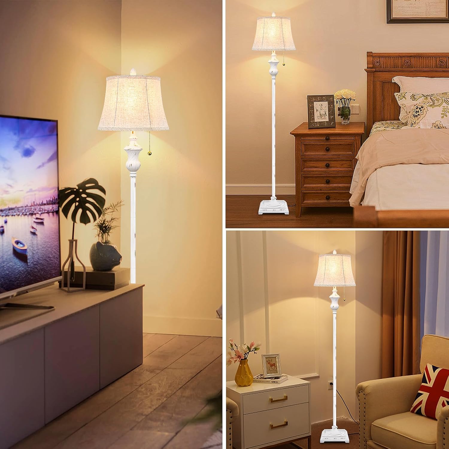 TOBUSA Rustic Vintage White Floor Lamp for Living Room Bedroom, 64inch Traditional Tall Floor Lamp with White Linen Shade, Retro LED Standing Pole Lamp Upright Floor Light for Home Decor, Pull Chain