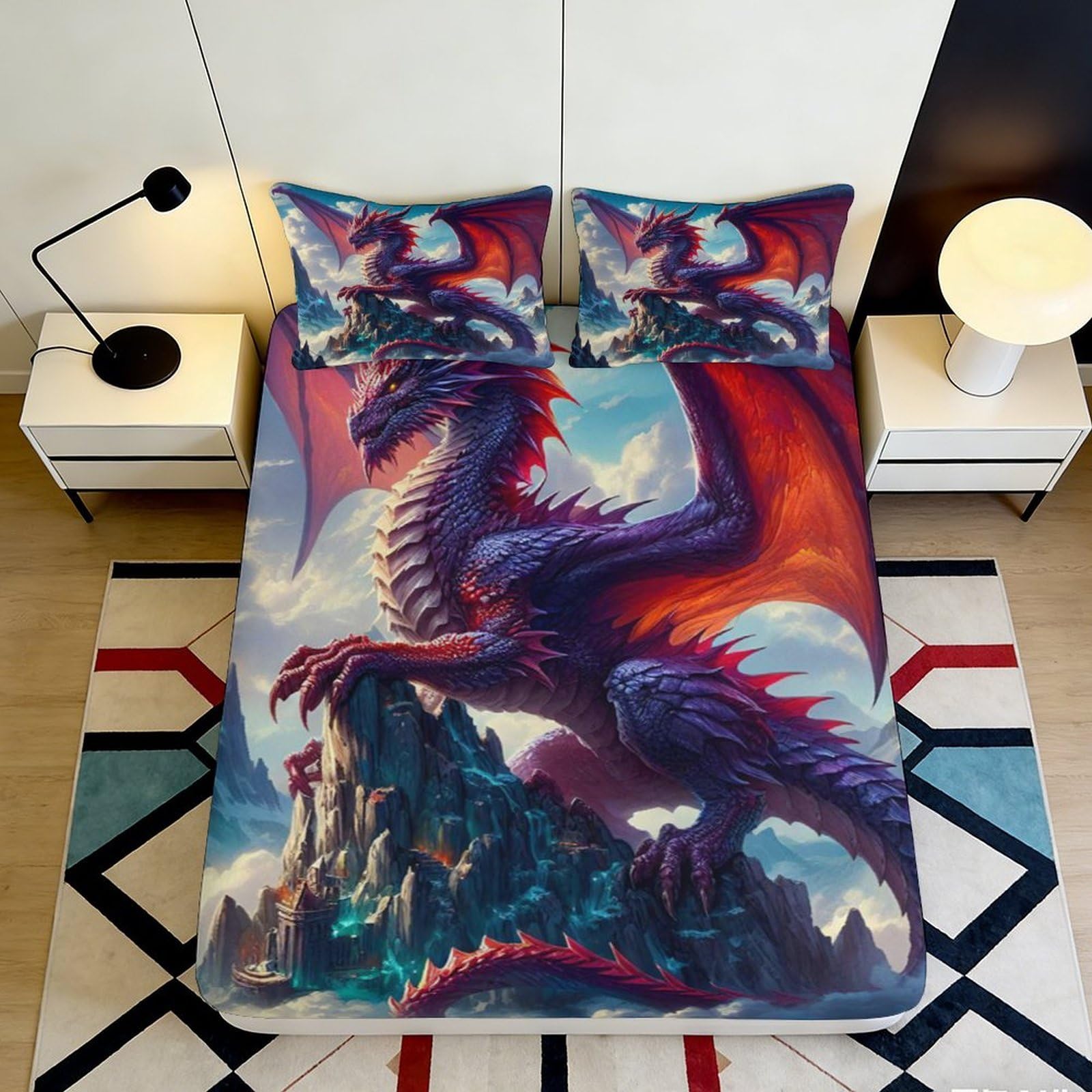 3D Printed Fantasy Dragon Fitted Sheet Microfiber Deep Pocket Non-Slip Fantasy Dragon Mattress Fitted Cover Bedroom 90x200x25cm