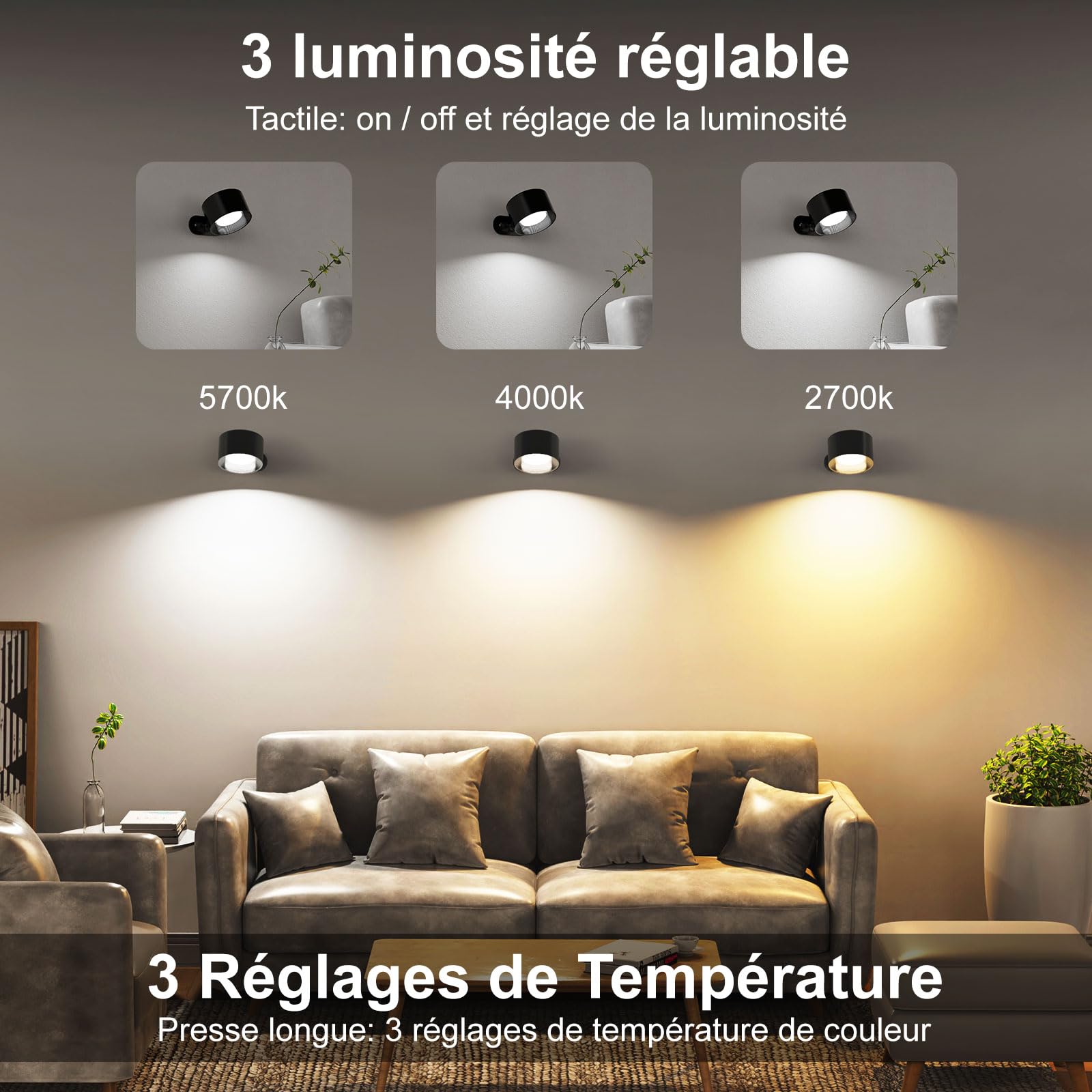 Applique Murale LED Touch avec Port USB, 3 Niveaux de Luminosité 3 Températures, Rotatif 360° Noir
