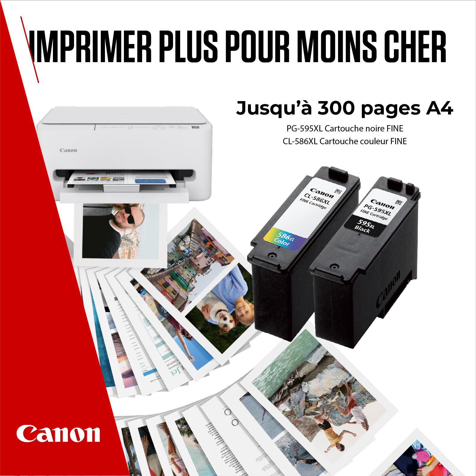 Canon PG-595 XL/CL-586 XL - Multipack d’Origine Cartouche Noire & Cartouche Couleur - Jusqu'à 300 Pages + 50 Feuilles Papier Photo 4×6 (GP-501)