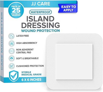 JJ CARE Waterproof Adhesive Island Dressing [Pack of 25], 6 x 6 Sterile Bordered Gauze, Breathable Island Wound Dressing, Individually Wrapped Adhesive Gauze Bandages with Non-Stick Central Pad