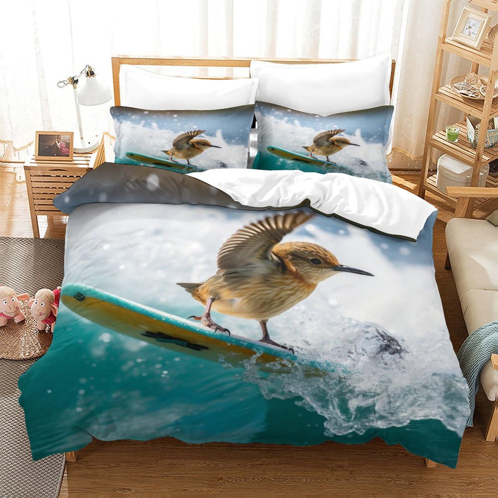 P1S9U7W5Y 3D Printed Surfing Bird Feather Pattern Duvet Cover Set 3 Pieces Microfiber Bedroom Decor Bird Surf Bedding Set for Adults Teens Soft Breathable King（220x240cm）