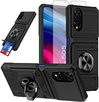 Slim Phone Case for TCL 50 SE with Tempered Glass Screen Protector Card Slots Magnetic Ring Stand Shockproof Soft Silicone Bumper Hybrid Two Layer Defender for 50SE TCL50SE Women Black
