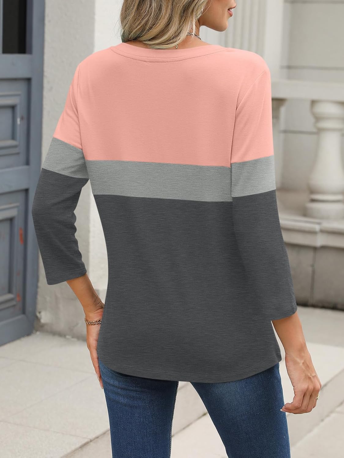 Womens 3/4 Sleeve Tops Zipper Color Block Tunic Tops Casual Summer Shirts Trendy Tops - Image 5