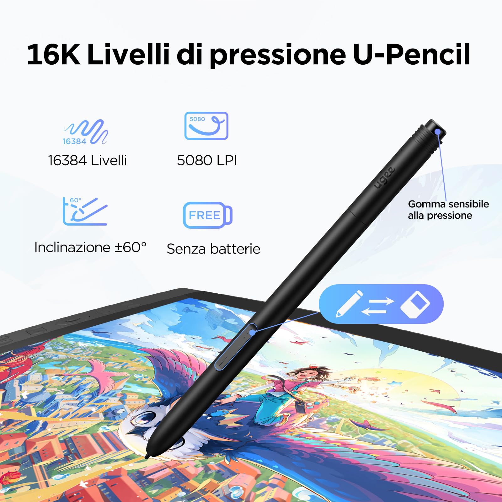 Tavoletta Grafica ugee con Display, UE16 FHD IPS da 15,4 Pollici con Schermo sRGB al 143%, Stilo Senza Batteria da 16K Passi, 8 Tasti di Scelta Rapida Fisici e una Rotella Rotonda