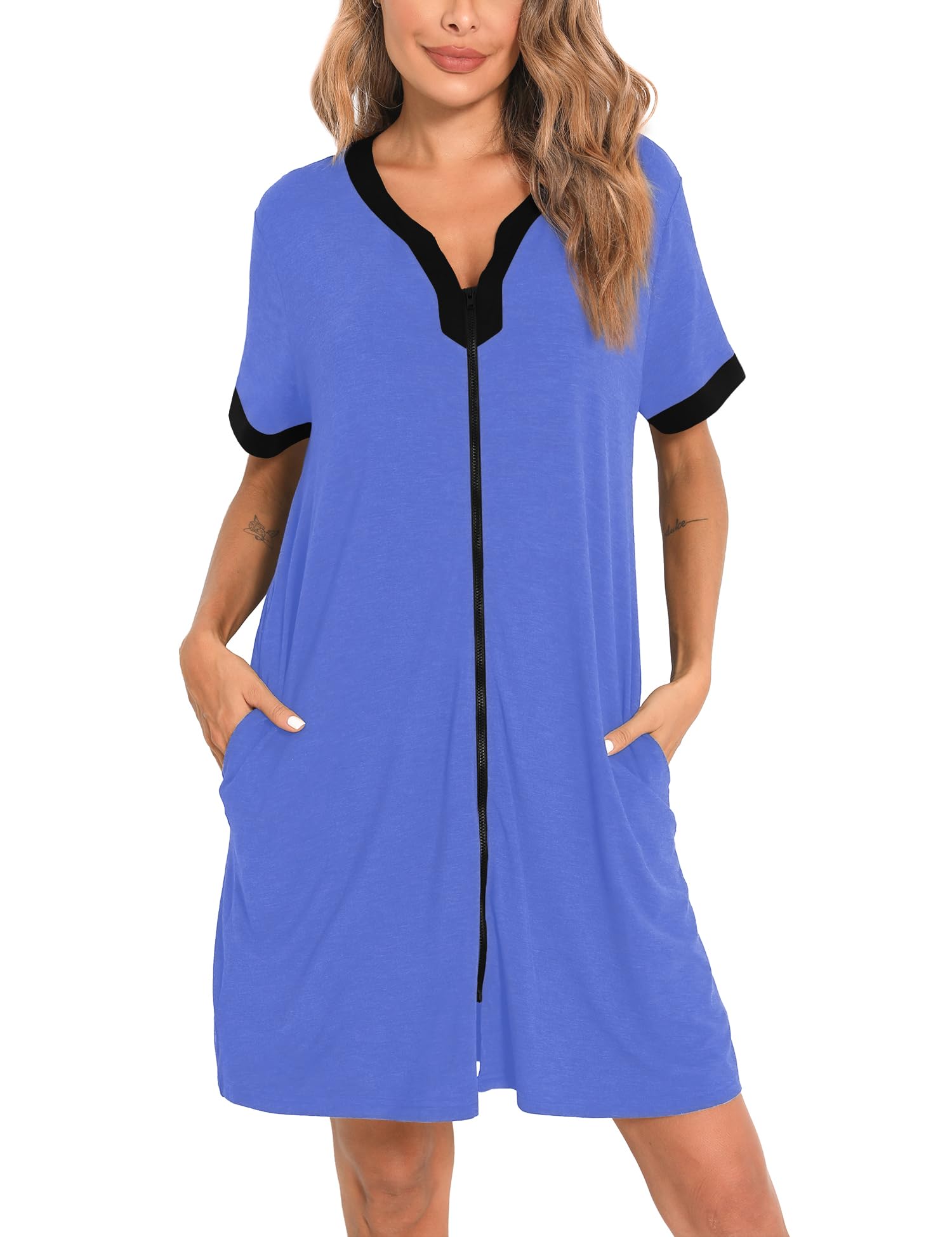 SWOMOG Women Zipper Front Robe Short Sleeve House Coat Knee Length Bathrobe Night Gown Soft Loungewear with Pockets