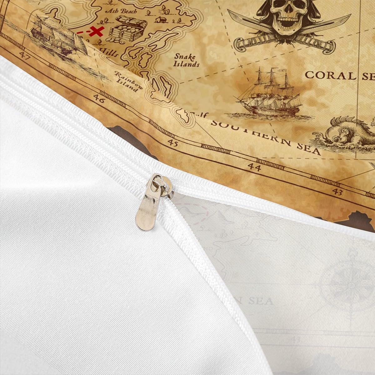 Nautical Map Duvet Cover Set Queen Size,Pirate Boat Compass Bedding Set 3Pcs,Kids Boys Teens Adult Bedroom Decor Ocean Adventure Comforter Cover Vintage Brown Quilt Cover with 2 Pillowcases