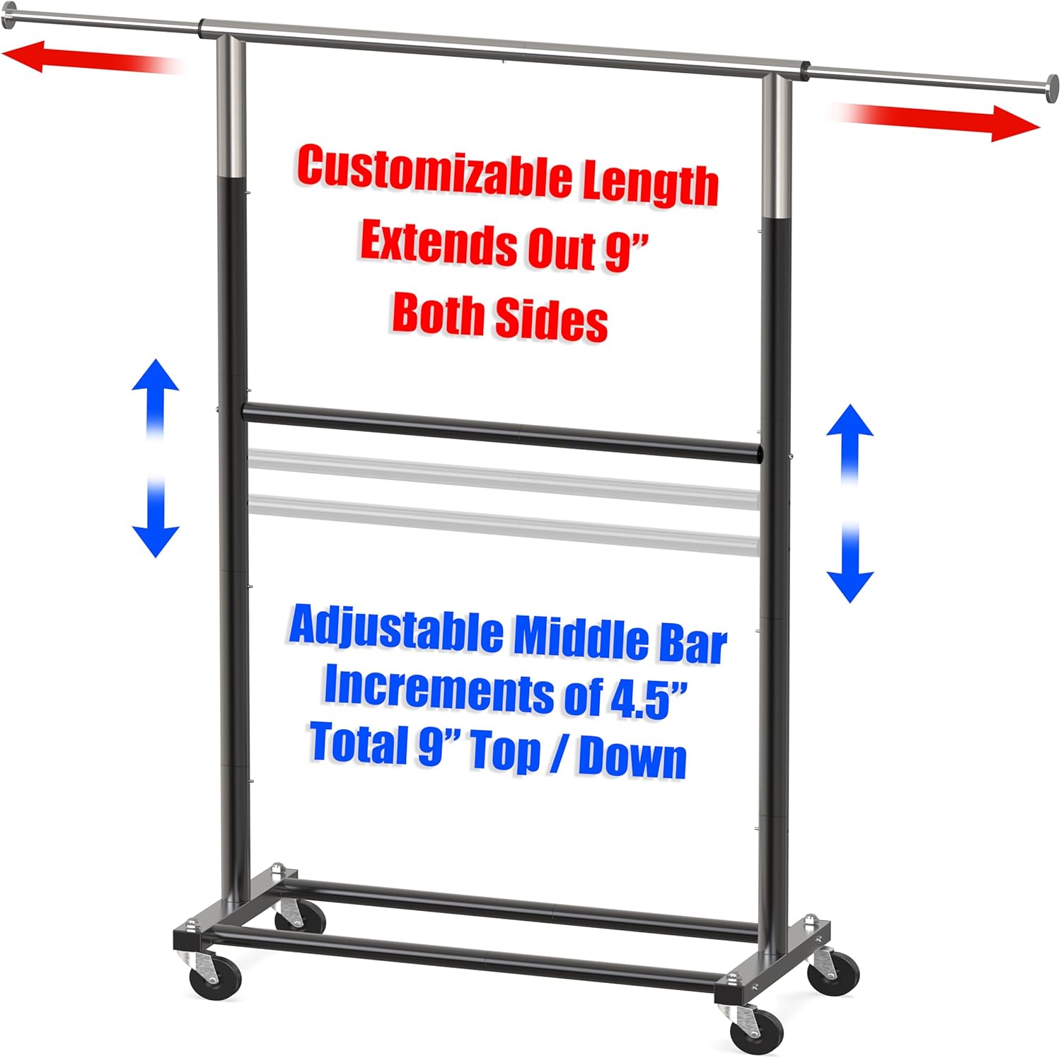 Diagram showing the adjustable length of the top rod and adjustable height of the middle bar on the garment rack.