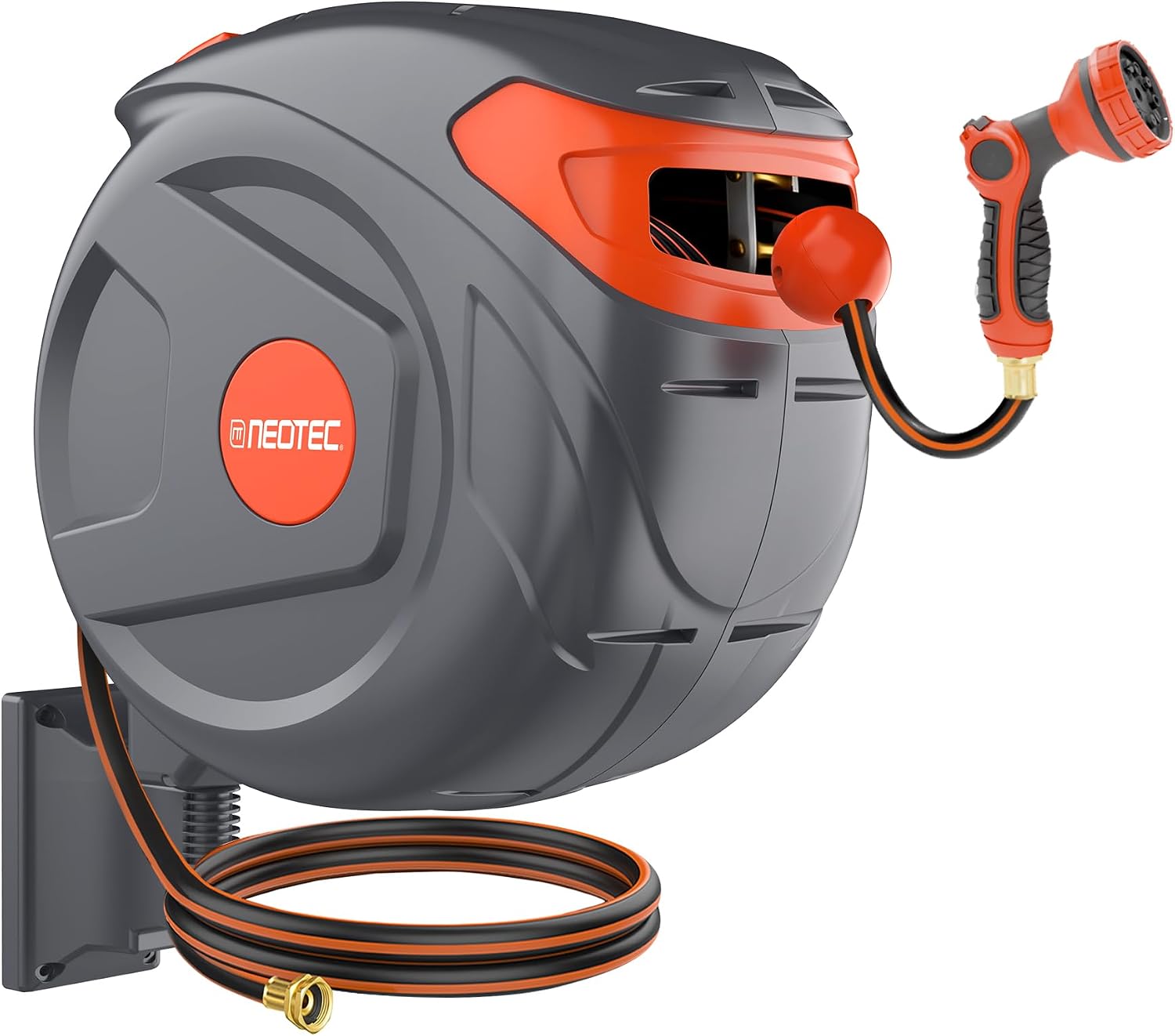 NEO-TEC 100 ft Retractable Garden Hose Reel, 1/2 Inch Heavy Duty Wall Mount with Slow Return System, Any-Length Lock & 180° Swivel, 3-Layer PVC Hose Cover, Includes 9-Pattern Nozzle & Brass Fittings