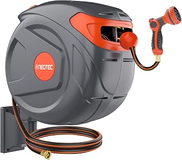 NEO-TEC 100 ft Retractable Garden Hose Reel, 1/2 Inch Heavy Duty Wall Mount with Slow Return System, Any-Length Lock & 180 Swivel, 3-Layer PVC Hose Cover, Includes 9-Pattern Nozzle & Brass Fittings