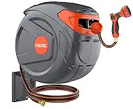 NEO-TEC 100 ft Retractable Garden Hose Reel, 1/2 Inch Heavy Duty Wall Mount with Slow Return System, Any-Length Lock & 180° Swivel, 3-Layer PVC Hose Cover, Includes 9-Pattern Nozzle & Brass Fittings