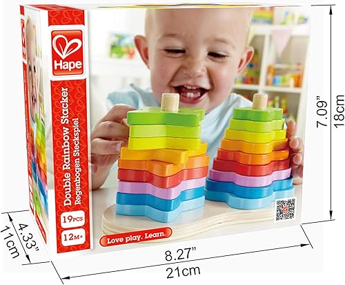 Miniatura 3 de Hape - Juego de anillos de madera con doble apilador de arco iris para niños, L: 7.9, ancho: 4.1, altura: 4.3 pulgadas