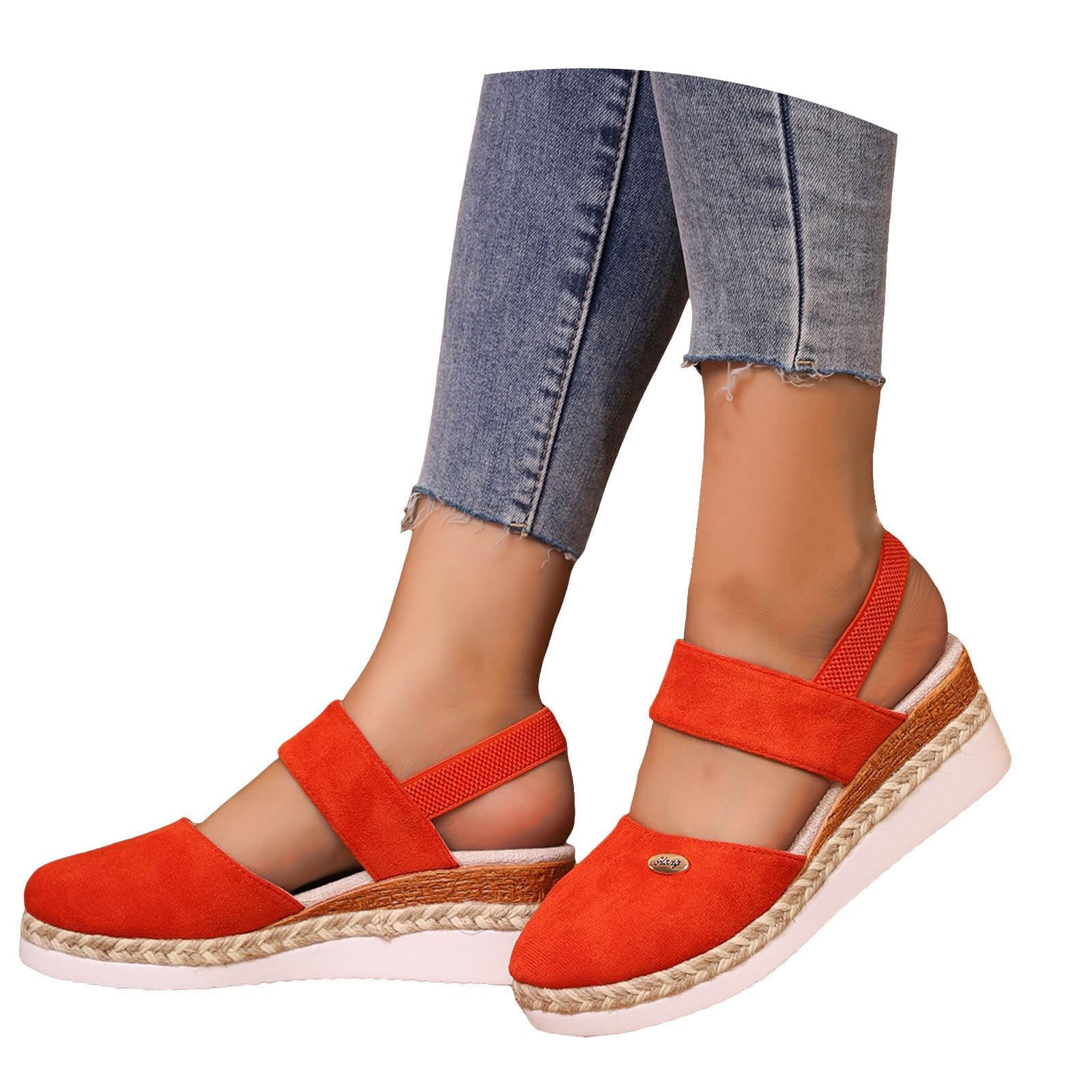 Wedges Sandals for Women Dressy Summer 2026, Elastic Ankle Strap Closed Toe Espadrille Wedge Sandal Dress Faux Suede Platform Wedged Sandals Casual Shoes for Beach Travel Working 9 Watermelon Red