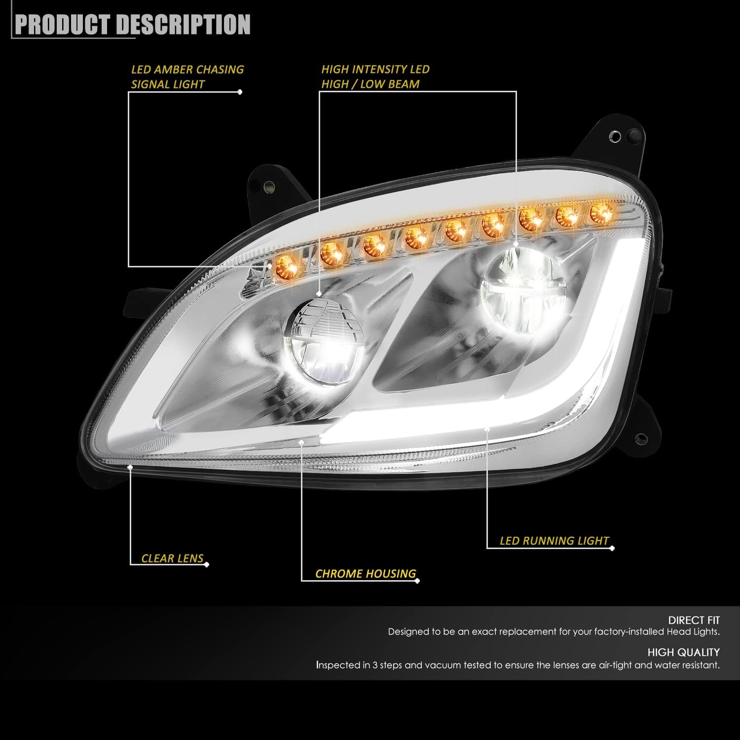 DNA MOTORING HL-HAY-032-CH Pair LED L-Type DRL Chasing Signal Headlights Compatible with 13-20 Peterbilt 579/11-18 587,Chrome Housing