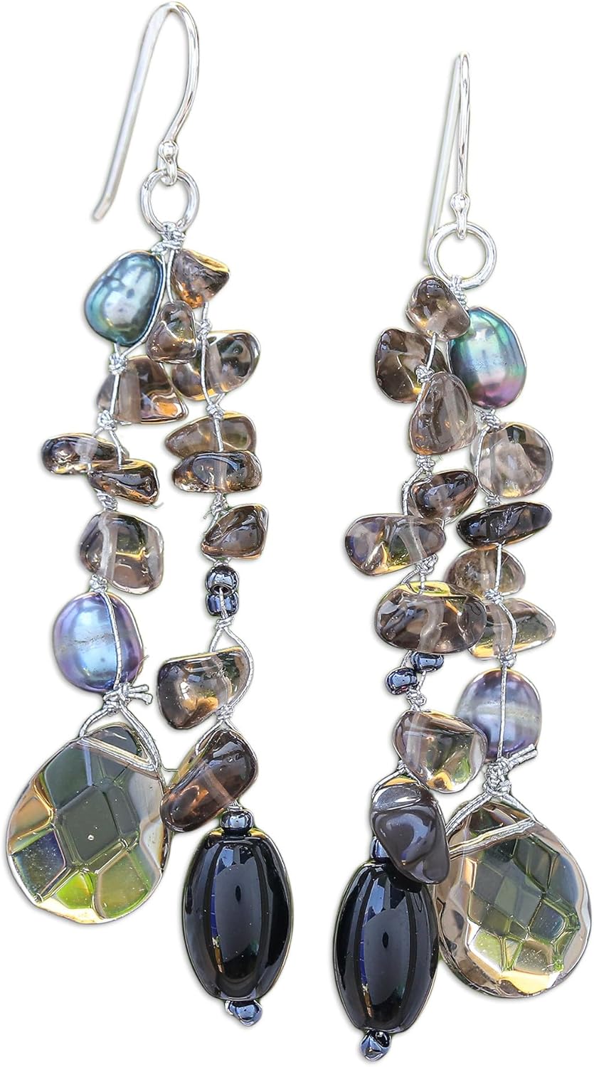 NOVICA Artisan Handmade Cultured Freshwater Pearl Waterfall Earrings .925 Sterling Silver Dangle Glass Bead Black Beaded Thailand Birthstone 'Nocturnal Symphony'