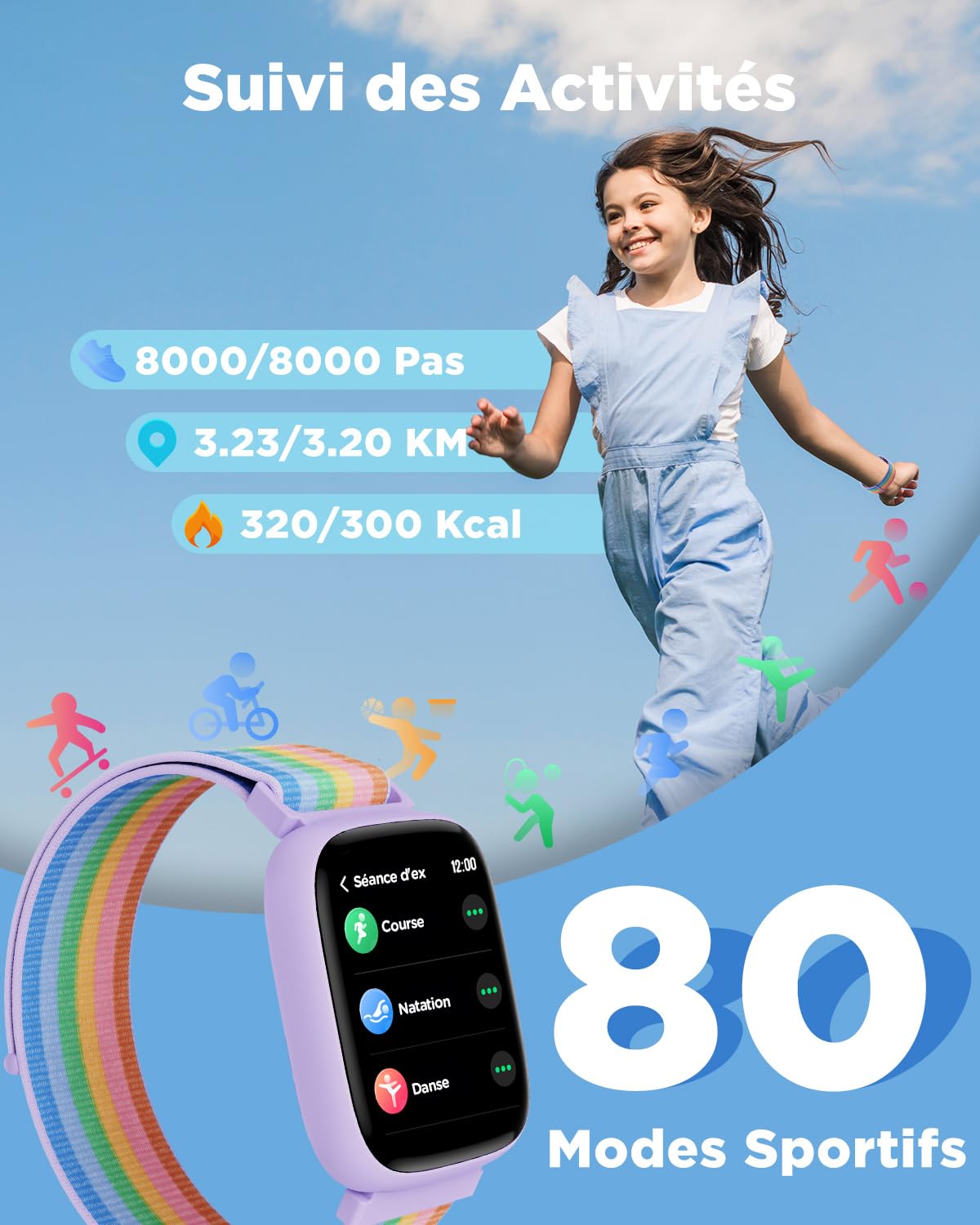 BIGGERFIVE Montre Enfant Non Connectée ou Connectée Librement, 1,8" Smartwatch Podomètre, Cardiofrequencemètre, IP68 Étanche, Moniteur de Sommeil, Jeux de Puzzle pour Filles Ados 5-16, Nylon
