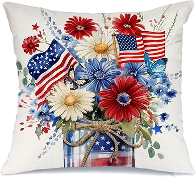 AACORS 4th of July Pillow Cover 18x18 Inch Floral Mason Jar Decorations Patriotic Holiday Pillow Case Independence Memorial Day Decor for Home Sofa Couch AA712-18