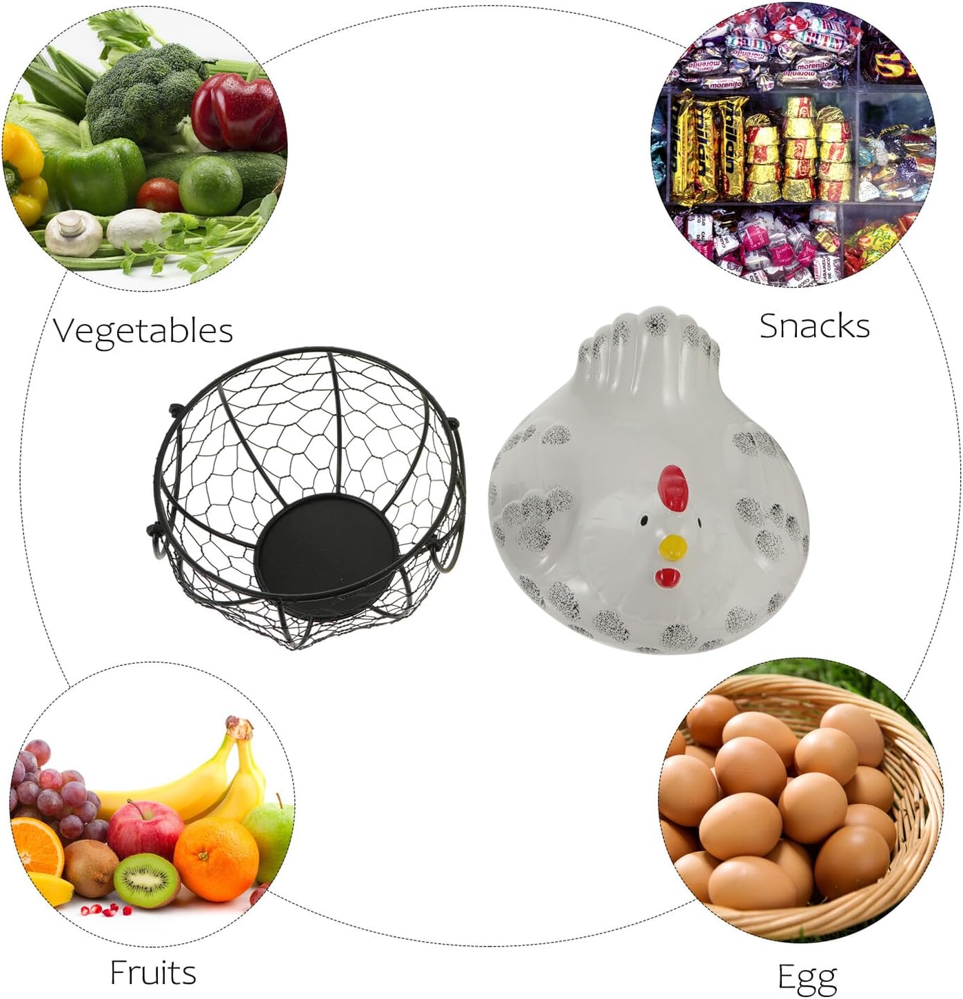 Garneck Chicken Shape Egg Basket Holder Small White Iron Storage Basket for Kitchen and Home Decor, Snack and Egg Organizer for Countertop Storage