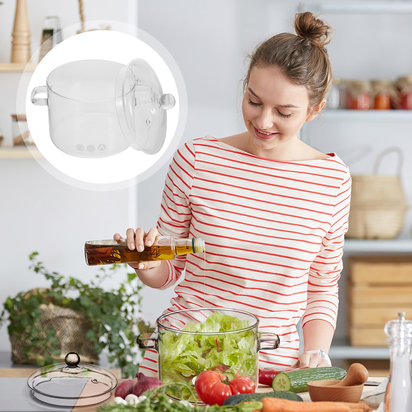 2 Stück Glas Suppentopf mit Deckel und Doppelgriffen 1900ml Hitzebeständig Glatte Oberfläche zum Kochen von Suppe und Nudeln im Alltag