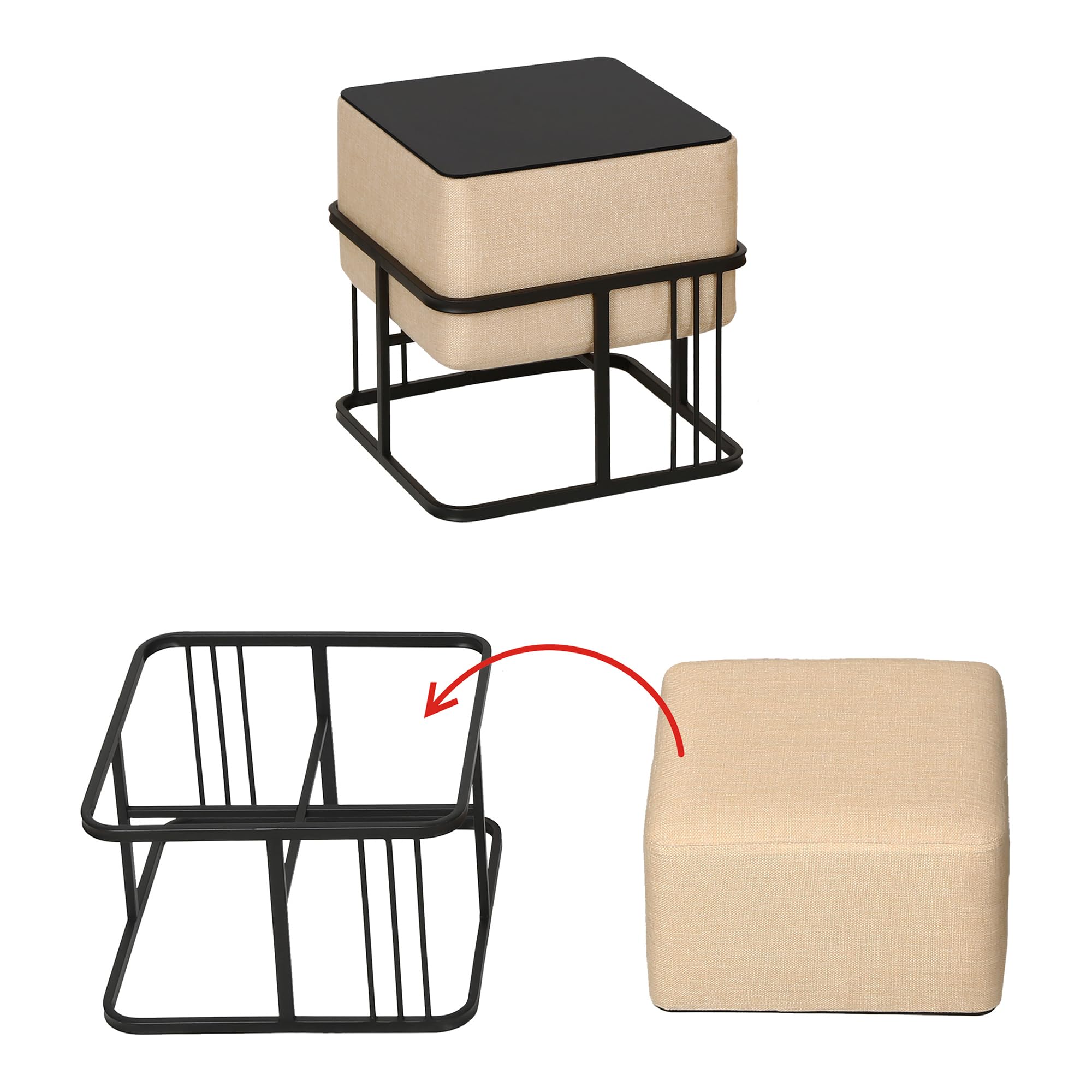[en.casa] Puff Tas Juego de 2 Taburetes Apilables Reversibles Reposapiés Silla Tocador Diseño 2 en 1 Asiento Acolchado Tablero de Mesa Cuadrado MDF Metal 38x38x38 cm Beige